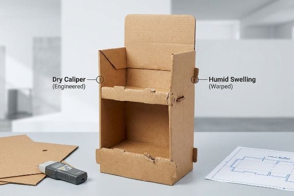 Cardboard POP display illustrating Dry Caliper (Engineered) and Humid Swelling (Warped), with a caliper tool and blueprint.