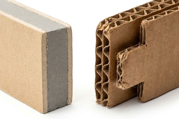 Gray gypsum core of a drywall panel contrasts with the visible wavy flutes of brown corrugated board, highlighting material differences.