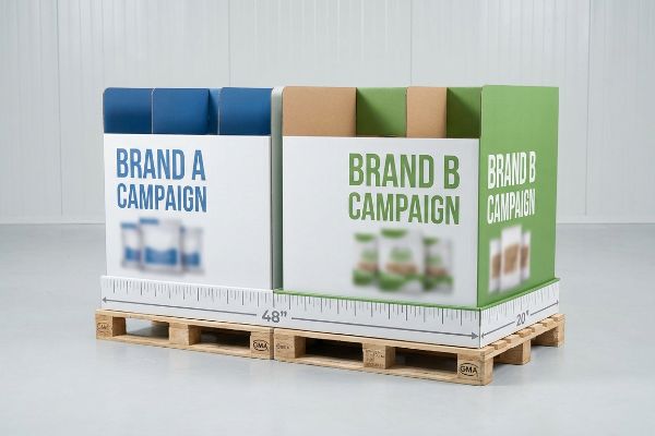 Two half-pallet displays, blue Brand A and green Brand B campaigns, on GMA wooden pallets, showing 48-inch width and 20-inch depth.