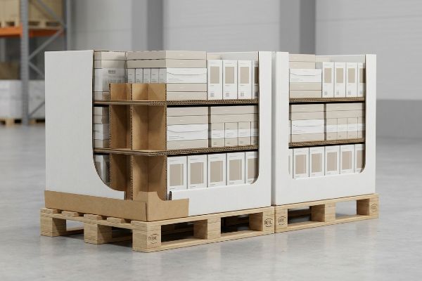 Two white and brown corrugated half pallets, filled with light-colored product boxes, sit on wooden EUR pallets in a warehouse.