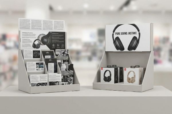 White point-of-purchase displays feature JBL headphones, with 'Pure Sound. Instant.' header and product boxes.