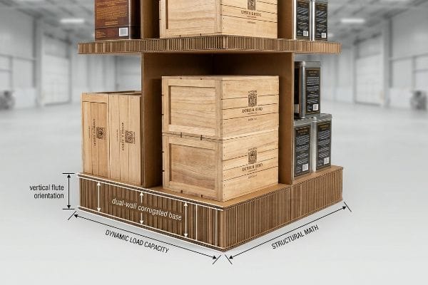 A corrugated POS display showcases wooden crates and metal tins, highlighting its Dual-Wall Corrugated Base, Vertical Flute Orientation, Dynamic Load Capacity, and Structural Math.