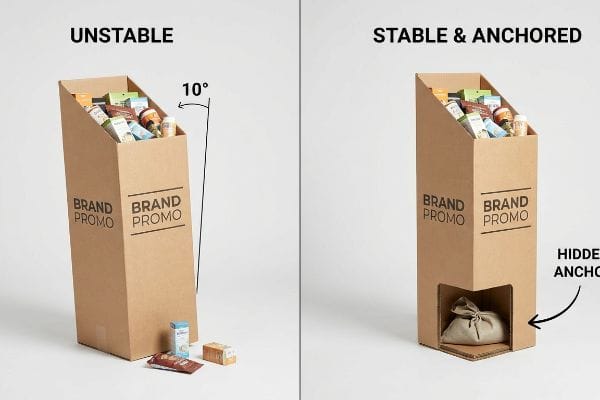 Corrugated Brand Promo dump bin display comparison: Unstable 10-degree tilt with spilled products vs. Stable & Anchored with hidden sandbag.