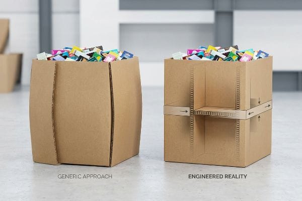 Corrugated dump bins: bulging Generic Approach vs. stable Engineered Reality with internal H-divider, packed with colorful items.