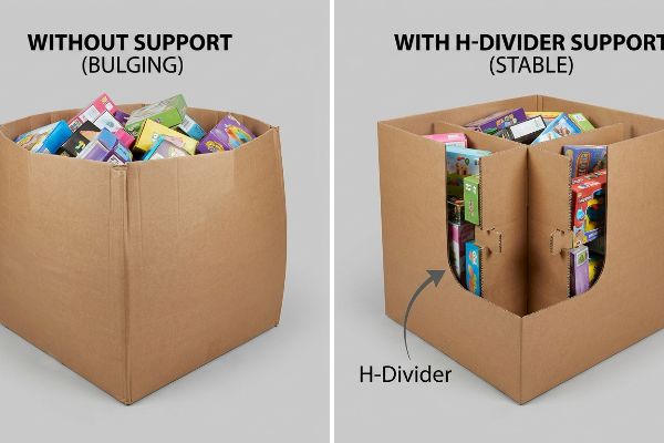 Corrugated cardboard dump bins compare a bulging bin Without Support to a stable bin With H-Divider Support system.