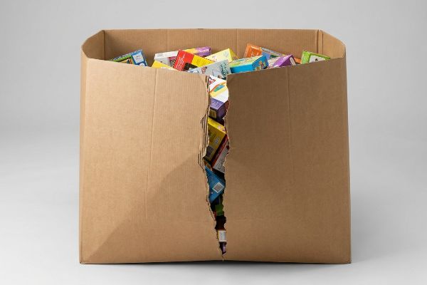 Brown corrugated cardboard dump bin torn down the middle, overflowing with colorful product boxes, illustrating structural failure from lateral pressure.