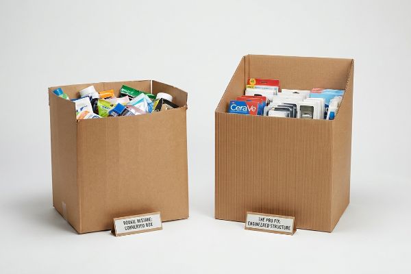 Des conteneurs à déchets en carton ondulé brun, l'un étant une « erreur de débutant : une boîte transformée », l'autre une « structure conçue » avec un grain vertical visible, contenant des produits CeraVe.
