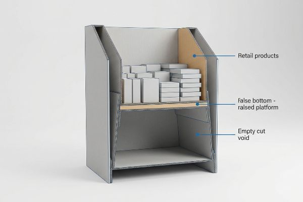 Grey corrugated cardboard dump bin with a False Bottom raised platform displaying retail products above an Empty Cut Void.