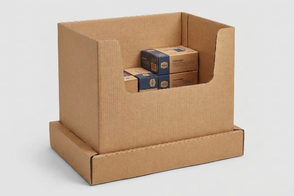 Brown corrugated dump bin display, featuring a front access cut-out, filled with small blue and brown product boxes.
