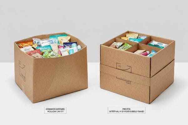 Two cardboard dump bins, one showing a 'Common Mistake: Hollow Cavity' with bulging sides, and the other a 'Pro Fix: Internal H-Divider & Belly Band' preventing bulge.