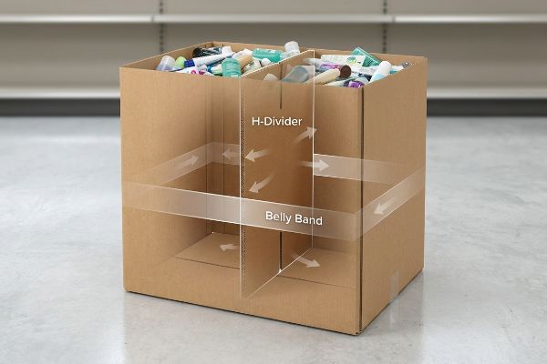 Corrugated dump bin with H-Divider and Belly Band internal reinforcement, holding assorted loose personal care products.