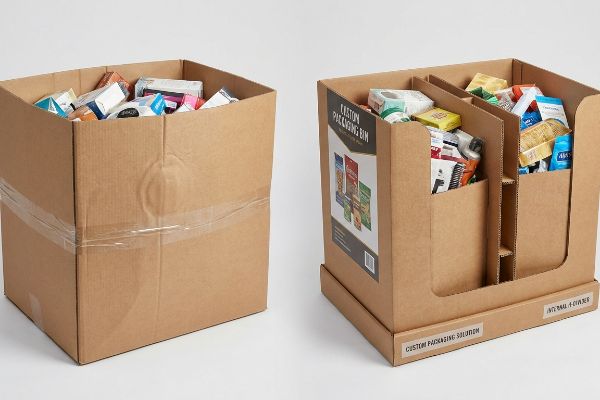 Brown corrugated dump bins: one taped, the other a Custom Packaging Bin with Internal H-Divider for Custom Packaging Solution.