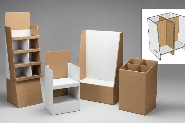 Corrugated floor stand, counter units, and dump bin displays, featuring internal H-dividers and a structural diagram.