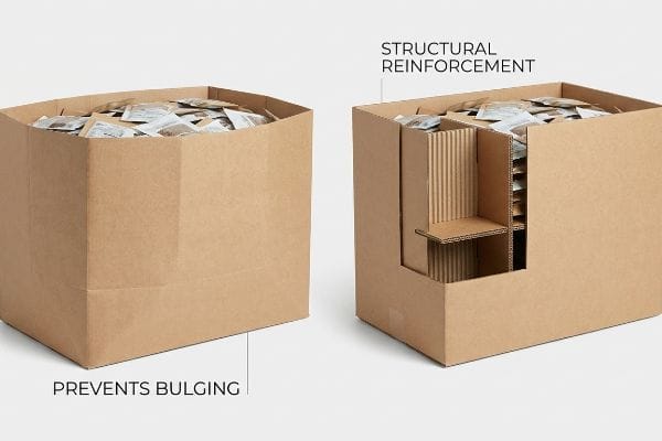 Comparaison des renforts de bennes basculantes Bacs de déchargement en carton ondulé brun, dont un avec renfort structurel interne visible (séparateur en H) empêchant le gonflement, remplis de paquets de produits.