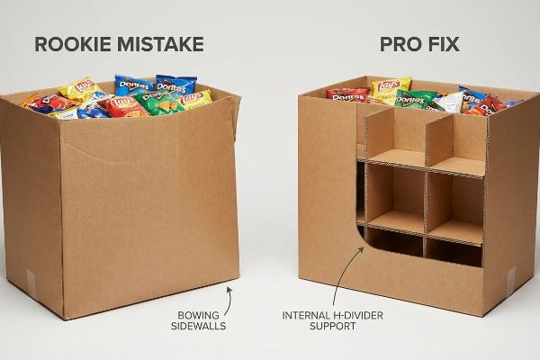 Corrugated dump bins: Rookie Mistake with Bowing Sidewalls, Pro Fix with Internal H-Divider Support.
