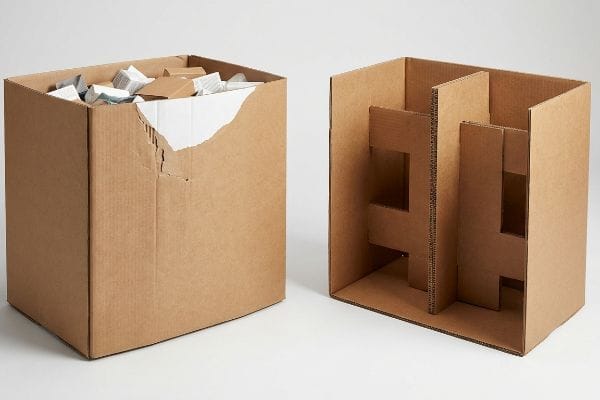 Brown corrugated cardboard boxes, one torn from bulging pressure, the other with an internal H-divider for tension support.