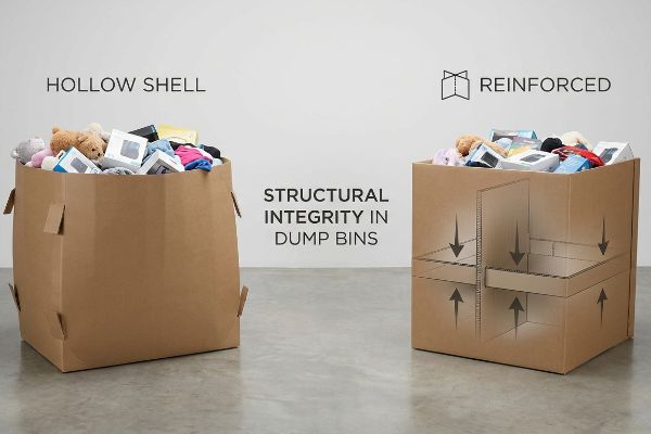 Two dump bins, one 'Hollow Shell' and one 'Reinforced' with internal supports, showing Structural Integrity.