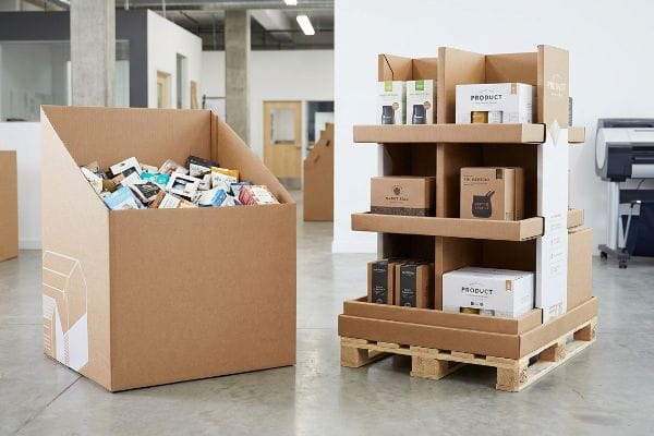 Scène d'entrepôt : conteneur en carton ondulé contenant des produits, présentoir à palettes sur socle en bois, avec des boîtes « Produit » et « Happy Clay ».