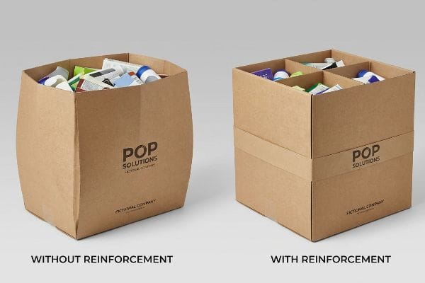 Dump Bin Reinforcement Comparison Brown corrugated dump bins: one bowed without reinforcement, one square with internal H-dividers, both showing Pop Solutions logo.