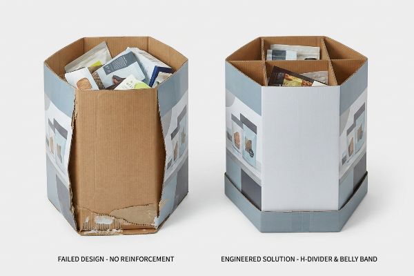 Two hexagonal corrugated weekender display bins: a