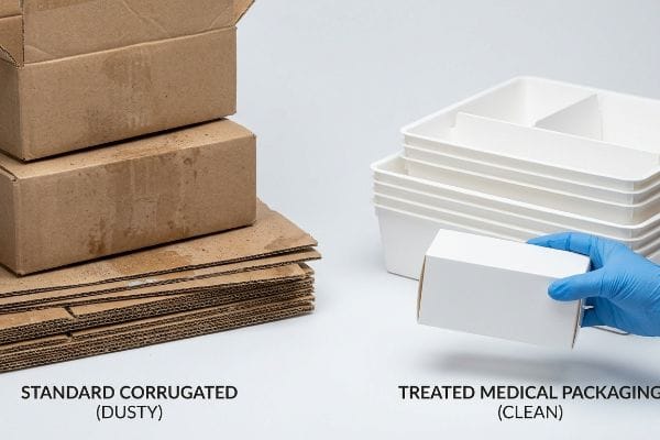 Dusty brown Standard Corrugated packaging is compared to clean white Treated Medical Packaging held by a blue-gloved hand.