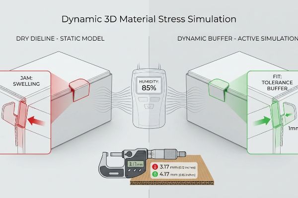 Tab stress simulation: dry dieline jam vs. dynamic buffer 1mm tolerance at 85% humidity.