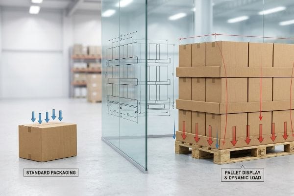 Corrugated boxes compare Standard Packaging and Pallet Display & Dynamic Load on a GMA pallet.