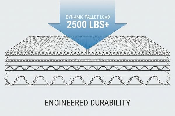 A blue arrow indicates a Dynamic Pallet Load of 2500 Lbs+ pressing on multi-layered corrugated material, illustrating Engineered Durability.