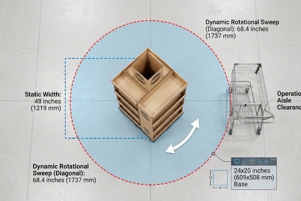 Présentoir en carton affichant une largeur statique de 48 pouces, un balayage de rotation dynamique de 68,4 pouces et une base de 24 x 20 pouces pour le dégagement des allées.