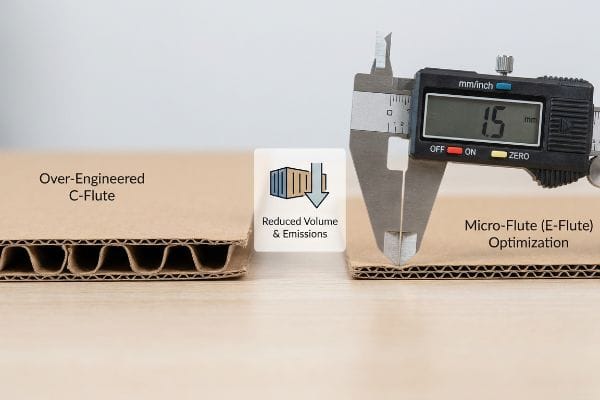 Digital caliper measures 1.5 mm Micro-Flute (E-Flute) Optimization next to Over-Engineered C-Flute, showing reduced volume and emissions.