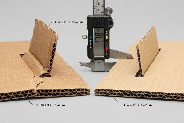 Digital caliper displaying 1.78 mm thickness on E-flute corrugated board, contrasting its clean fold with a B-flute's failed, snapped fold.