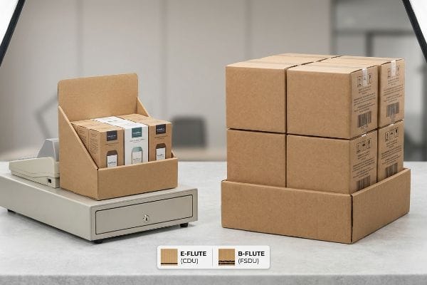 E-Flute (CDU) on a cash register displays Landless products, contrasted by B-Flute (FSDU) holding bulk boxes, showing material differences.