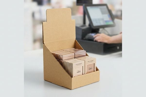 E-flute corrugated counter display unit (CDU) holding "Premium Complexion" and "Radiant Sample" boxes at a retail checkout.
