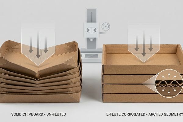 Solid Chipboard Un-Fluted trays collapsing under pressure versus stable E-Flute Corrugated Arched Geometry, highlighting kinetic shock dispersion.