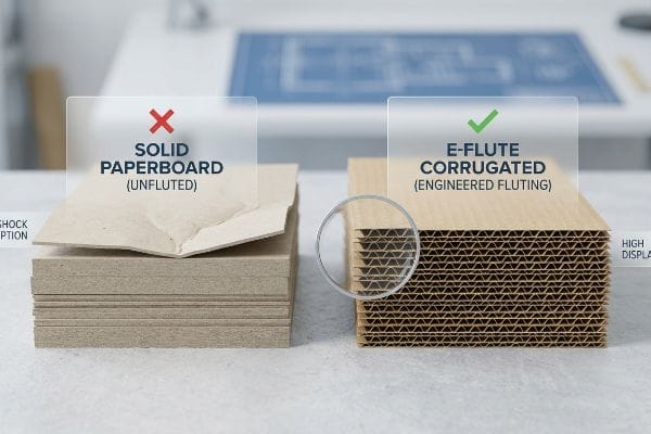 Solid Paperboard (Unfluted) compared with E-Flute Corrugated (Engineered Fluting), highlighting the internal fluting for superior shock absorption.