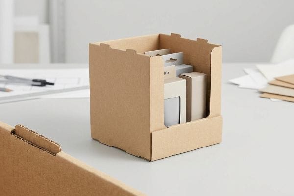 Brown E-flute corrugated counter display box showcasing small product packaging, ideal for retail impulse purchases.