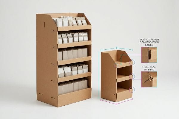 Brown E-flute cardboard display units illustrating common manufacturing flaws like Board Caliper Compensation Failed and Fiber Tear At Bend, with one unit filled with products.