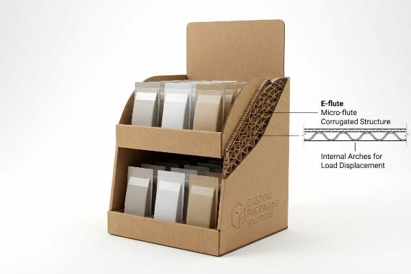 E-flute micro-flute corrugated display case with pouches, showing internal arches for load displacement and Custom Packaging Solutions logo.