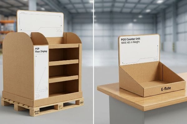 Brown corrugated POP floor display on a 48x40 inch pallet, alongside a POS counter unit featuring 'Max 48 in Height' and 'E-flute'.