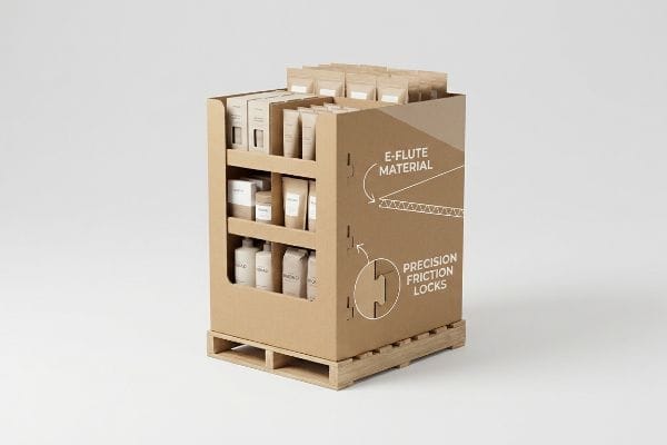 E-Flute Pallet Display E-Flute Material quarter pallet display featuring Precision Friction Locks and various products on a wooden pallet.