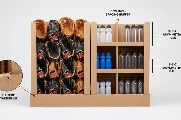 Corrugated display with baseball gloves and water bottles, featuring a 0.25-Inch Spacing Buffer, 3-5-7 Asymmetry Rule, and E-Flute Retaining Lip.
