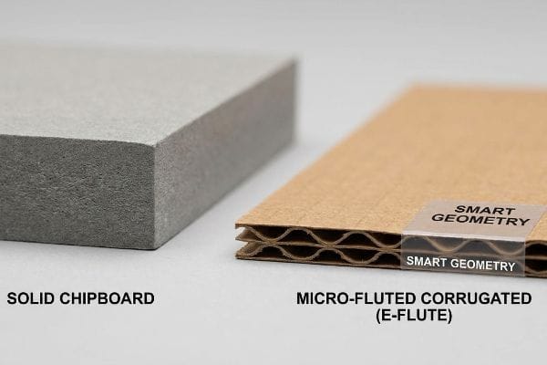 Solid Chipboard contrasted with Micro-Fluted Corrugated E-Flute board, showcasing its Smart Geometry for structural support.