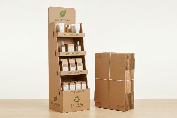 An eco-certified cardboard display stand showcasing beauty products, beside flat-packed recyclable corrugated components.