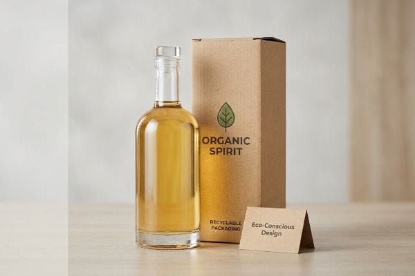 Clear glass organic spirit bottle, brown cardboard box with