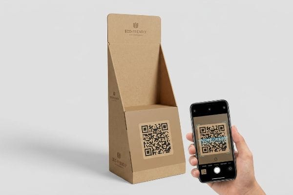 Présentoir en carton brun écologique comportant un code QR scanné par un smartphone pour le suivi de la campagne.
