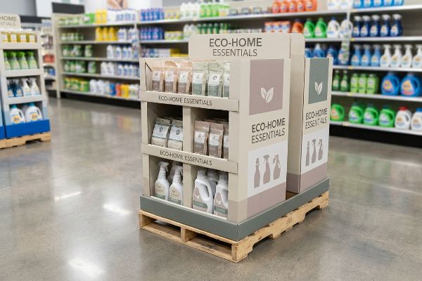 عرض نصف منصة نقالة من ورق الكرافت لمنتجات Eco-Home Essentials، يعرض أكياس التنظيف الصديقة للبيئة وزجاجات الرش في ممر البقالة.