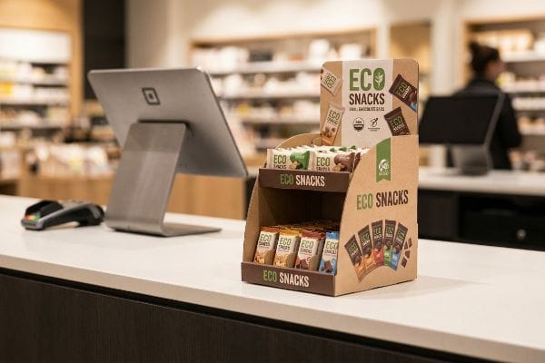 A retail checkout counter displays a cardboard Eco Snacks point of sale unit, stocked with snack bars, next to a Square POS system and card reader.