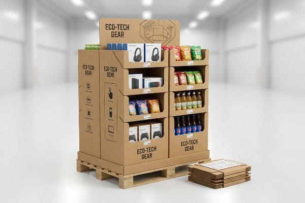 A large Eco-Tech Gear cardboard pallet display, featuring headphones, gaming consoles, snacks, and beverages, with flat-packed components.