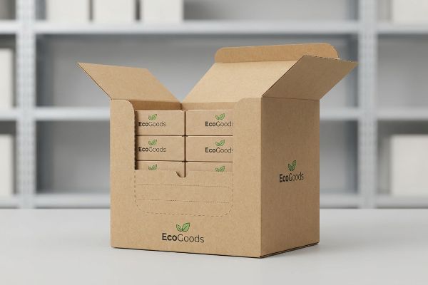 An open brown corrugated shelf-ready packaging box displays six smaller EcoGoods product boxes, optimized for retail display.
