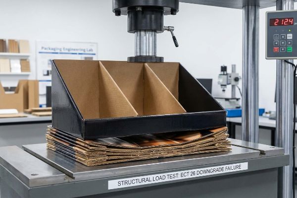 Corrugated display box failing Structural Load Test: ECT 26 Downgrade Failure, crushed at 212.4 lbs by a hydraulic press.